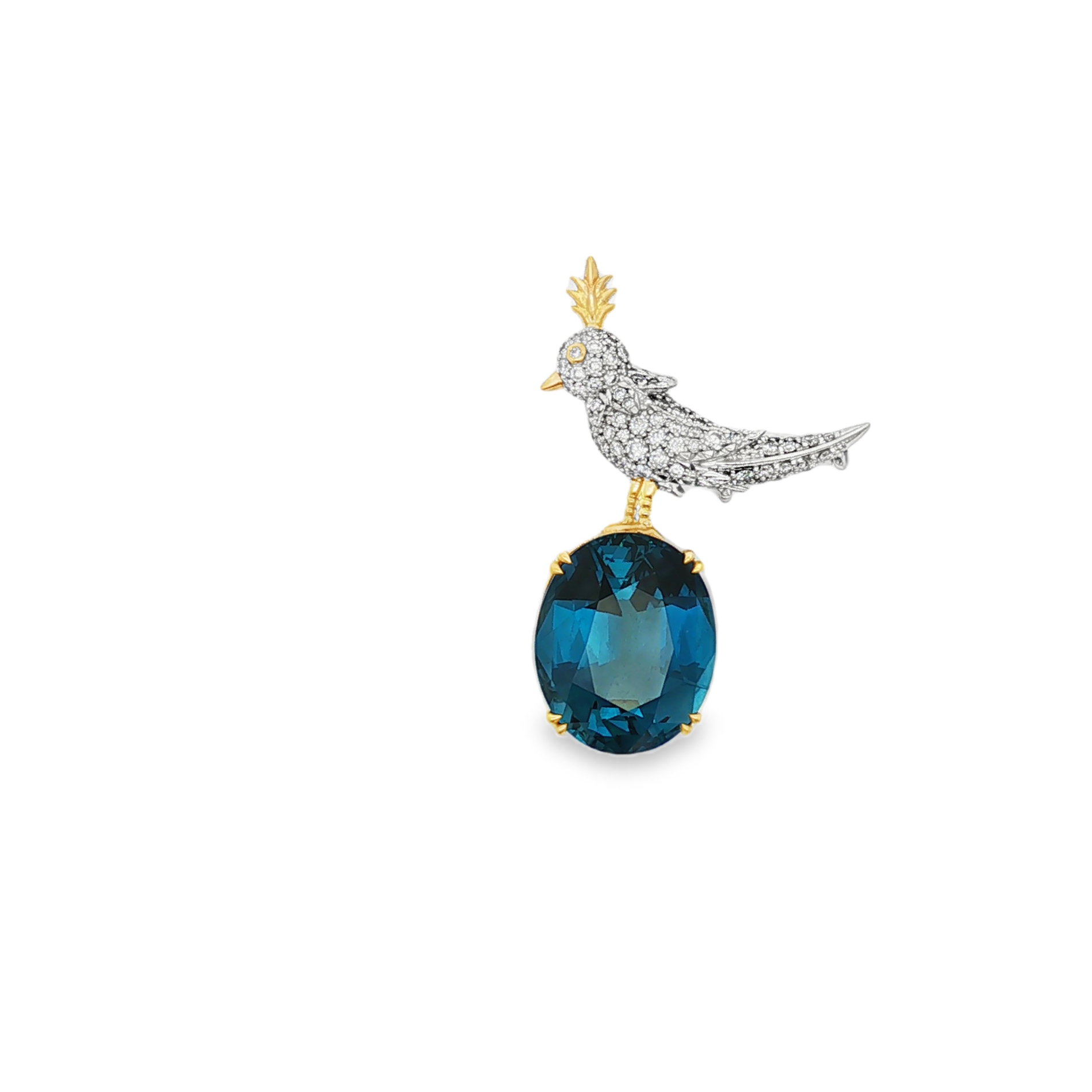 18K Two Tone London Blue Topaz and Diamond Brooch - 6376