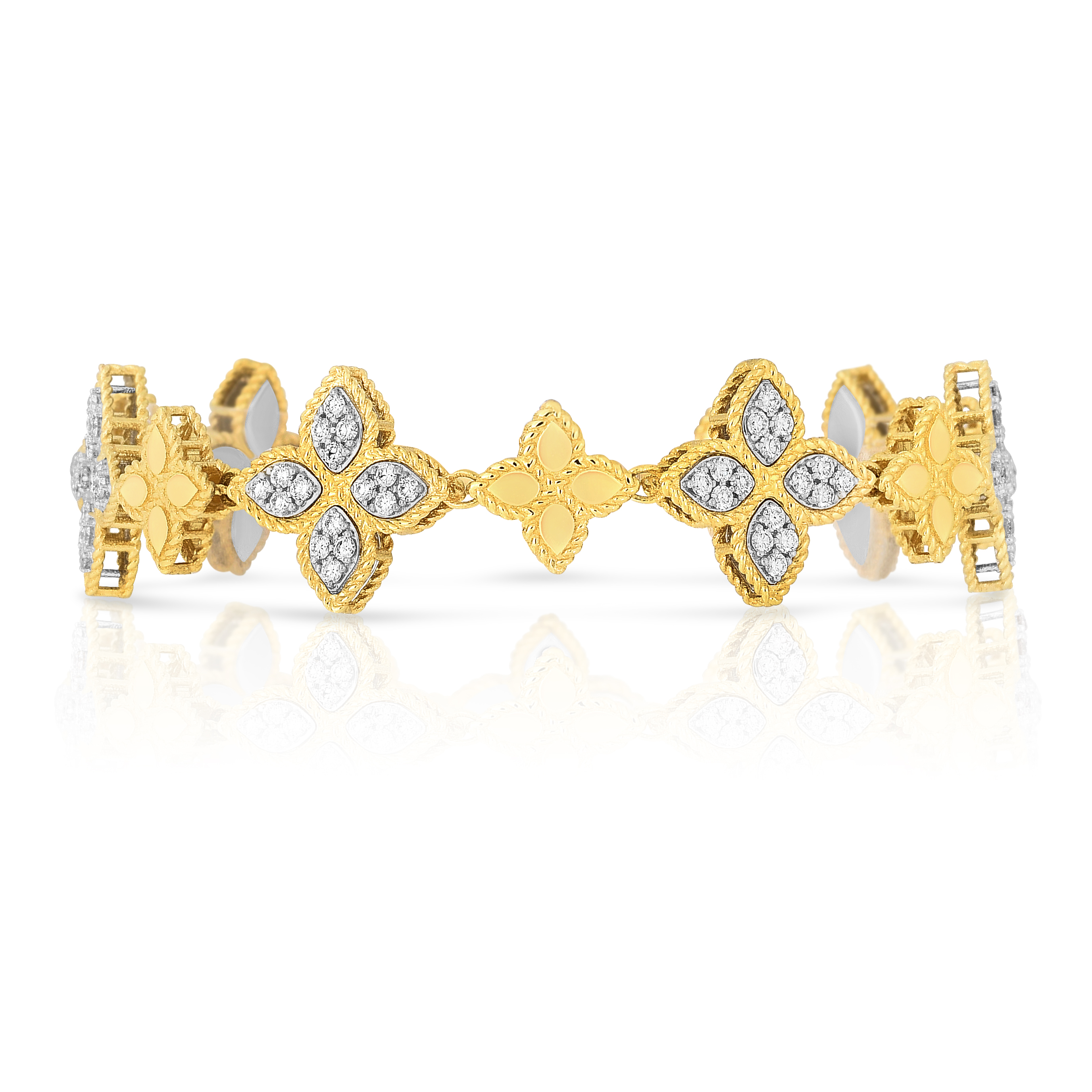 18K YELLOW/WHITE GOLD PRINCESS FLOWER ALTERNATING DIAMOND BRACELET