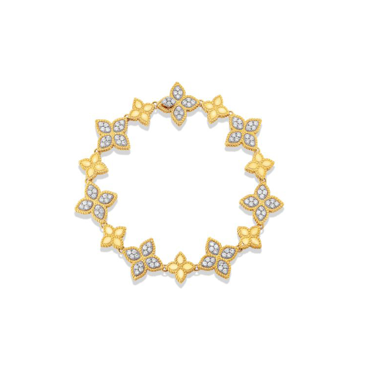 18K YELLOW/WHITE GOLD PRINCESS FLOWER ALTERNATING DIAMOND BRACELET