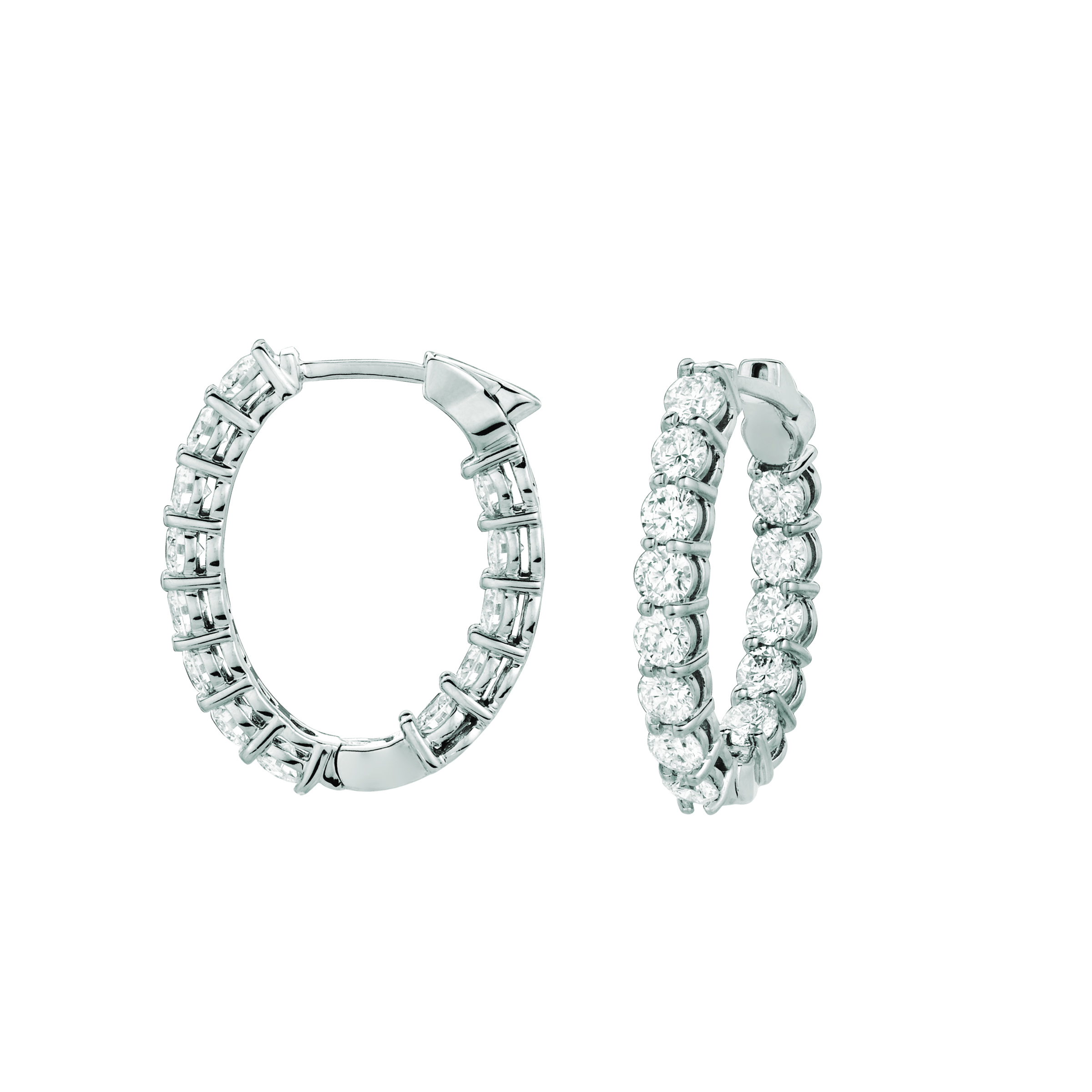 18K White Gold Oval Diamond Hoop Earrings