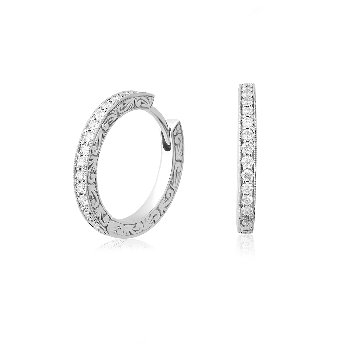 Penny Preville 18K White Gold Engraved Diamond Hoop Earrings