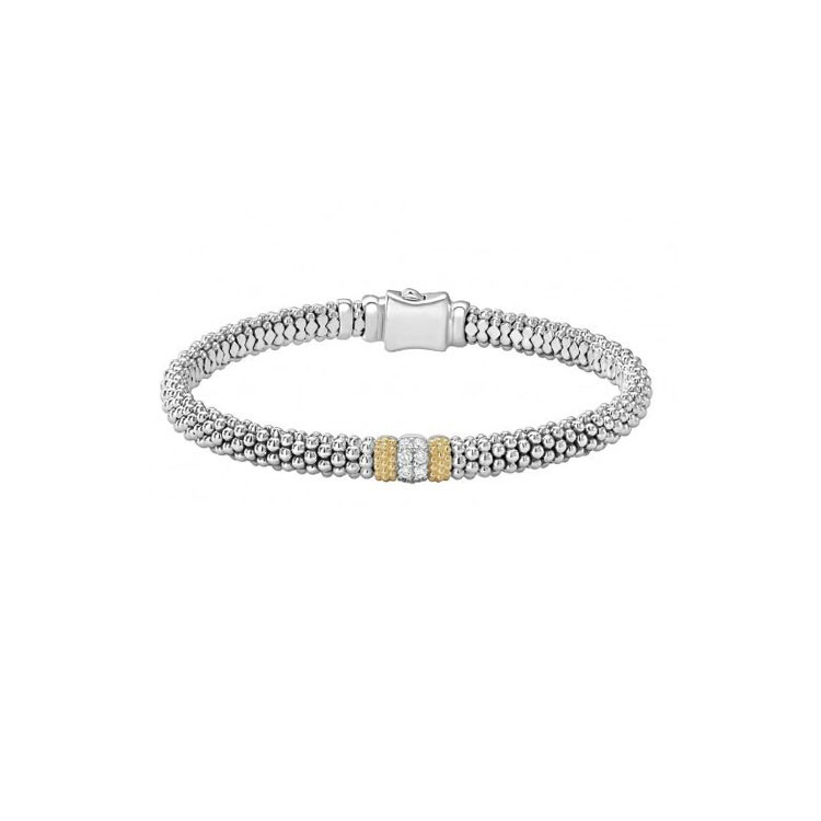 LAGOS Sterling Silver and 18K Yellow Gold Caviar Lux Diamond Station Bracelet - 22