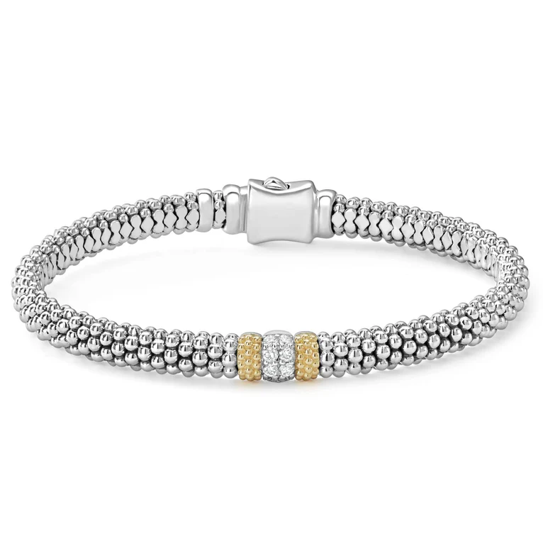 LAGOS Sterling Silver and 18K Yellow Gold Caviar Lux Diamond Station Bracelet - 22