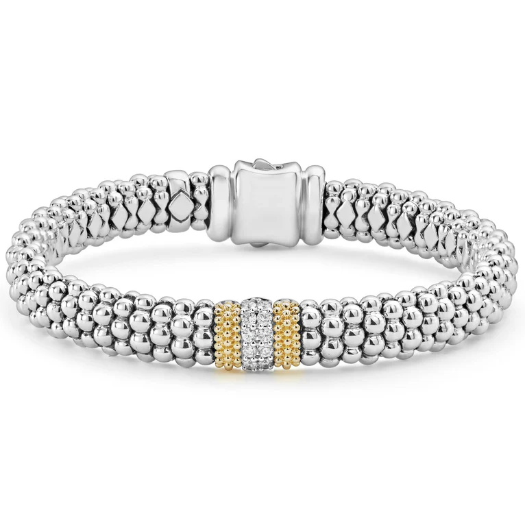 LAGOS Sterling Silver and 18K Yellow Gold Single Station Caviar Lux Diamond Bracelet - 26