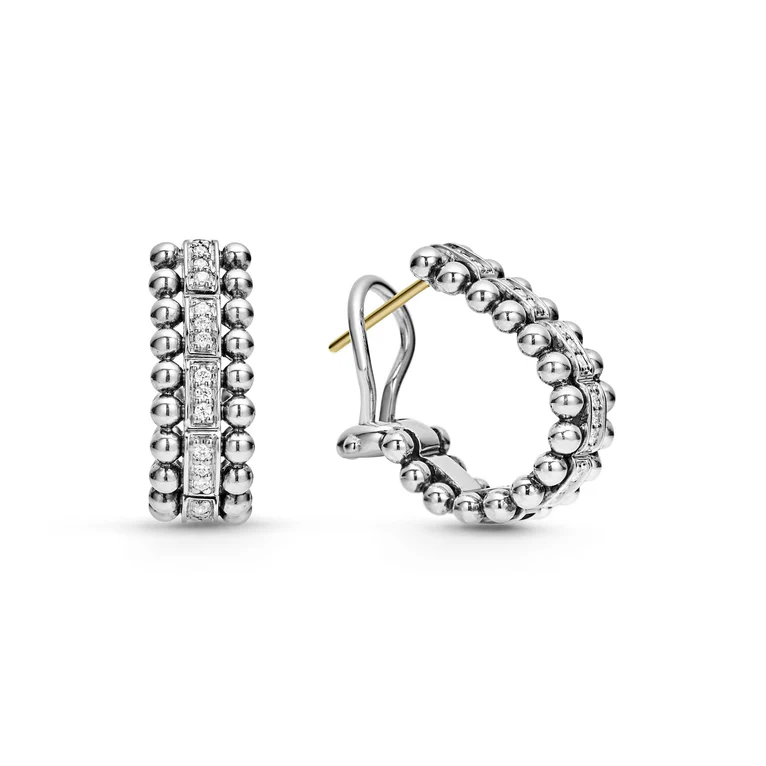 LAGOS Sterling Silver and Diamond Caviar Spark Huggie Earrings - 29