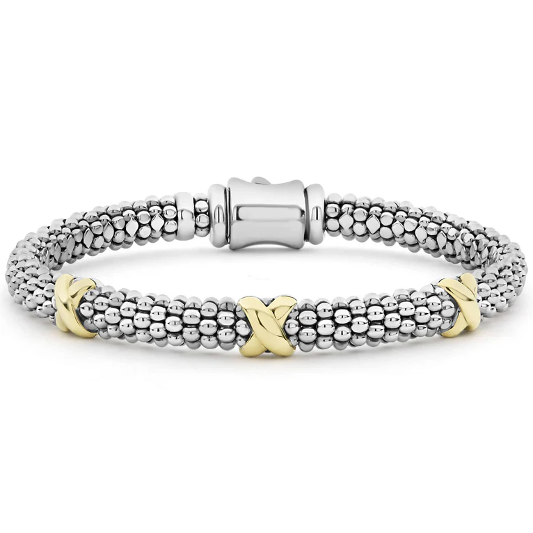 LAGOS Sterling Silver and 18K Yellow Gold Three Station "X" Caviar Embrace Bracelet - 36