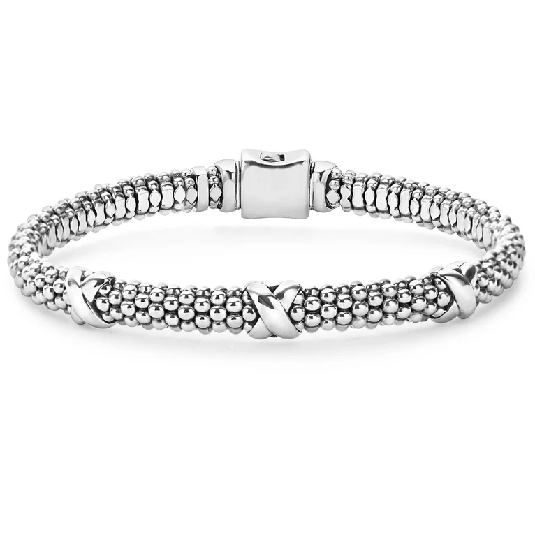 LAGOS Sterling Silver Three Station "X" Caviar Embrace Bracelet - 39