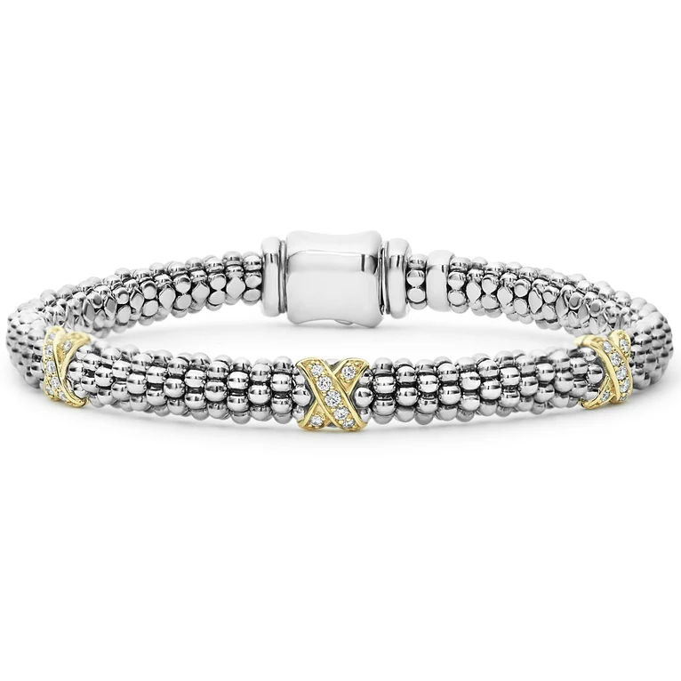LAGOS Sterling Silver and 18K Yellow Gold Three Station "X" Caviar Embrace Bracelet - 40