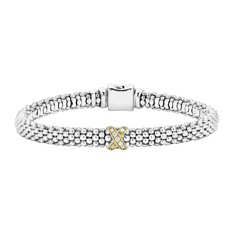 LAGOS Sterling Silver and 18K Yellow Gold Single Station "X" Diamond Embrace Bracelet - 57