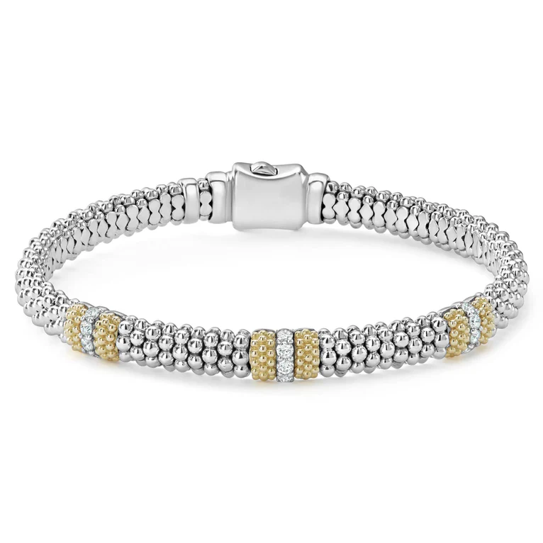 LAGOS Sterling Silver and 18K Yellow Gold Caviar Lux Three Station Diamond Bracelet itemprop=