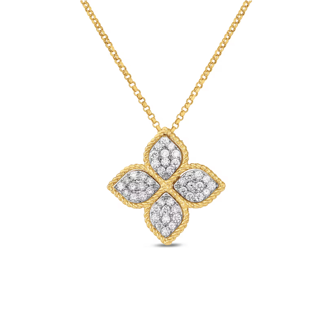 18K Yellow Gold Large Diamond Princess Flower Necklace