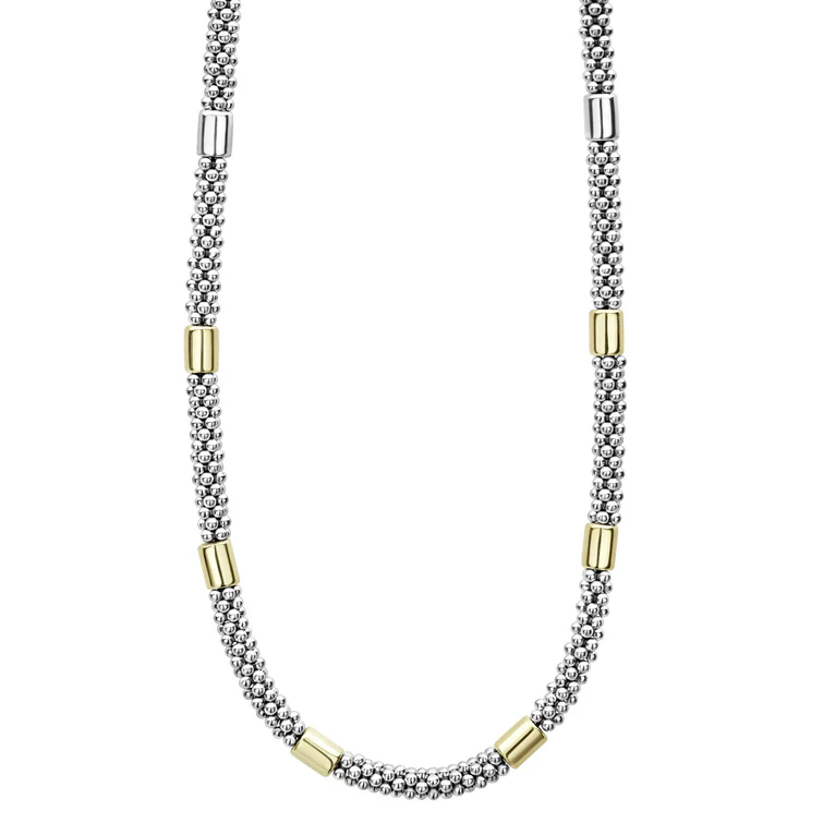 LAGOS Sterling Silver and 18K Yellow Gold Two-Tone High Bar Caviar Necklace - 32