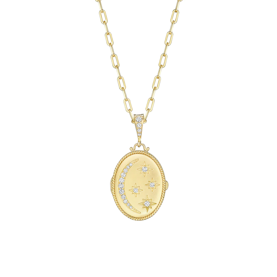 18K Yellow Gold Oval Moon and Star Diamond Locket