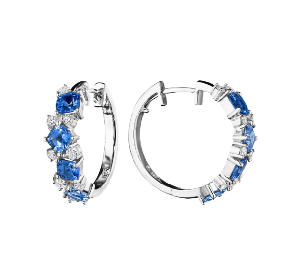 18K White Gold Blue Sapphire and Diamond Hoop Earrings