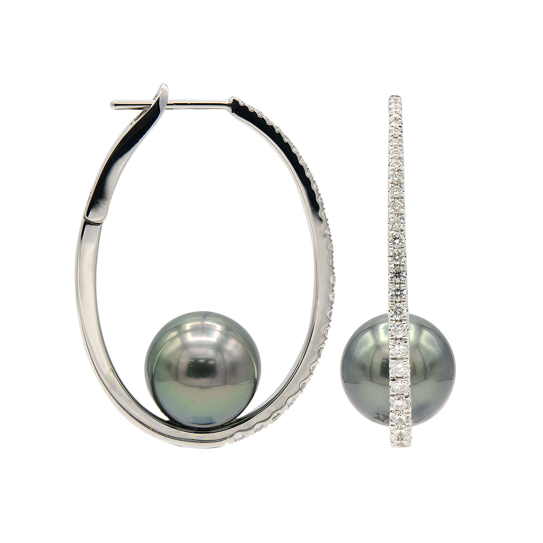18K White Gold Diamond and Tahitian Pearl Hoop Earrings