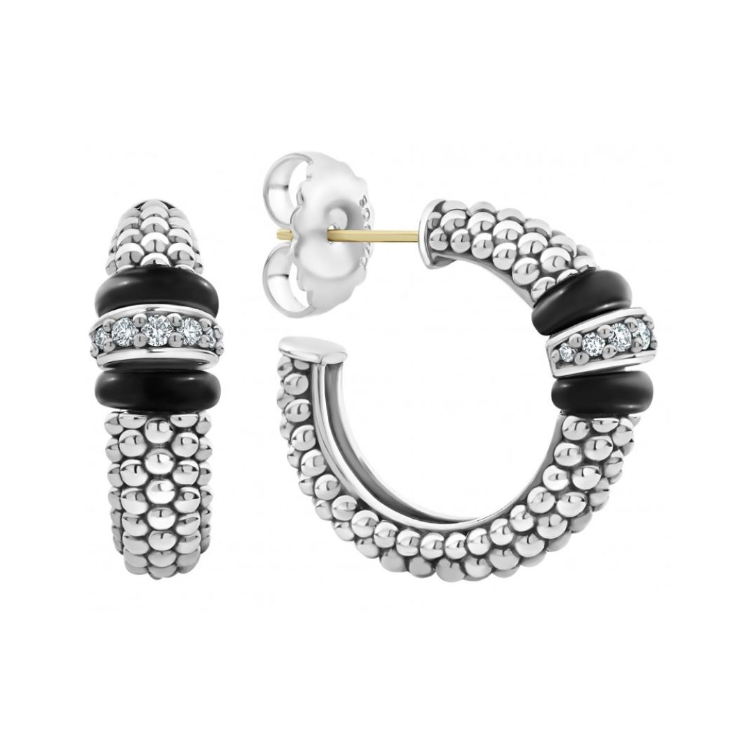 LAGOS Sterling Silver and Black Caviar Diamond Hoop Earrings