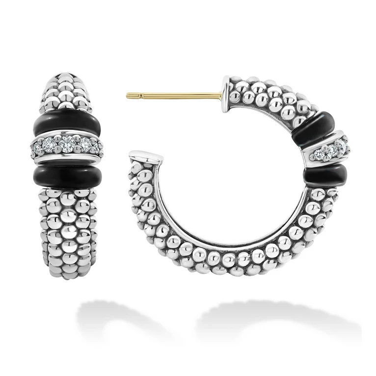 LAGOS Sterling Silver and Black Caviar Diamond Hoop Earrings