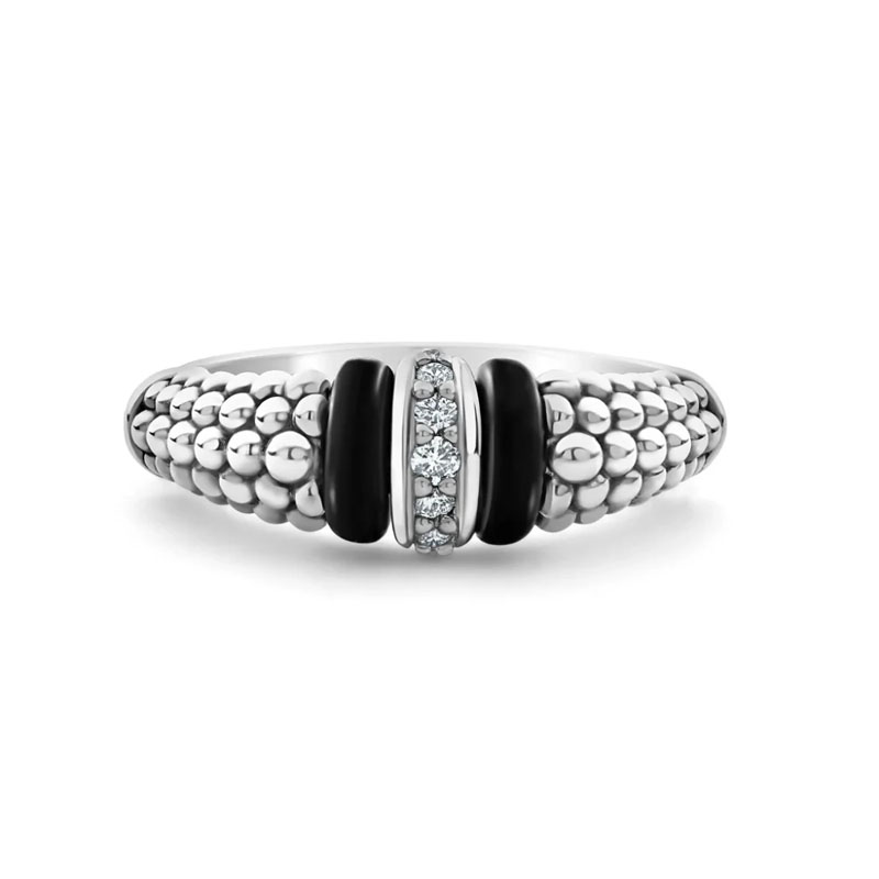 Lagos Sterling Silver Black Ceramic Caviar Narrow Station Diamond Ring