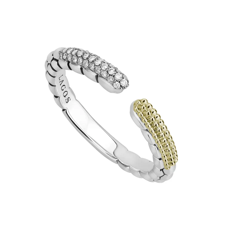 LAGOS Sterling Silver and 18K Yellow Gold Caviar Lux Open Diamond Stacking Ring - 653