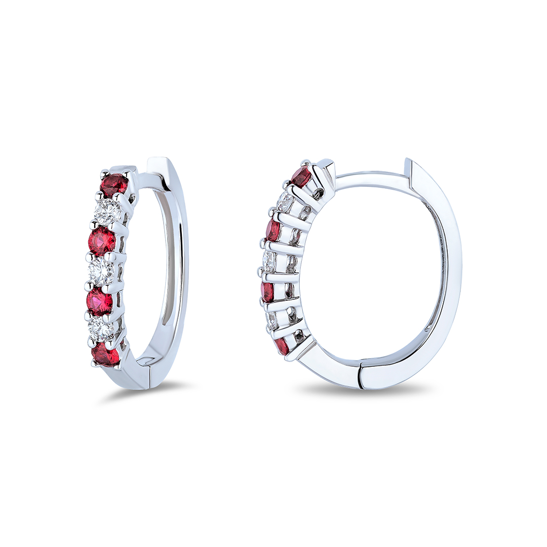 18K White Gold Ruby and Diamond Oval Hoop Earrings