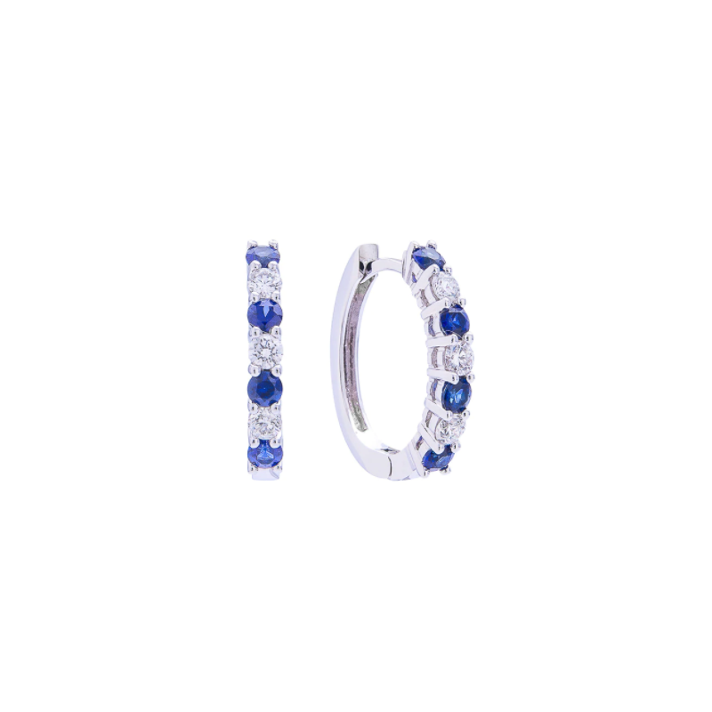18K White Gold Diamond and Blue Sapphire Hoop Earrings