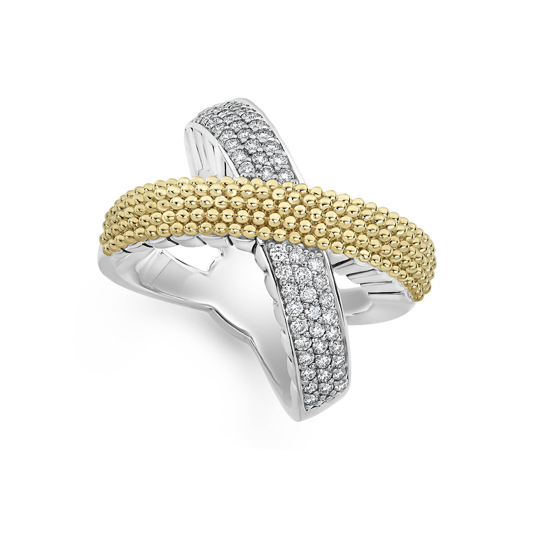 LAGOS Sterling Silver and 18K Yellow Gold Caviar Lux "X" Diamond Ring - 688