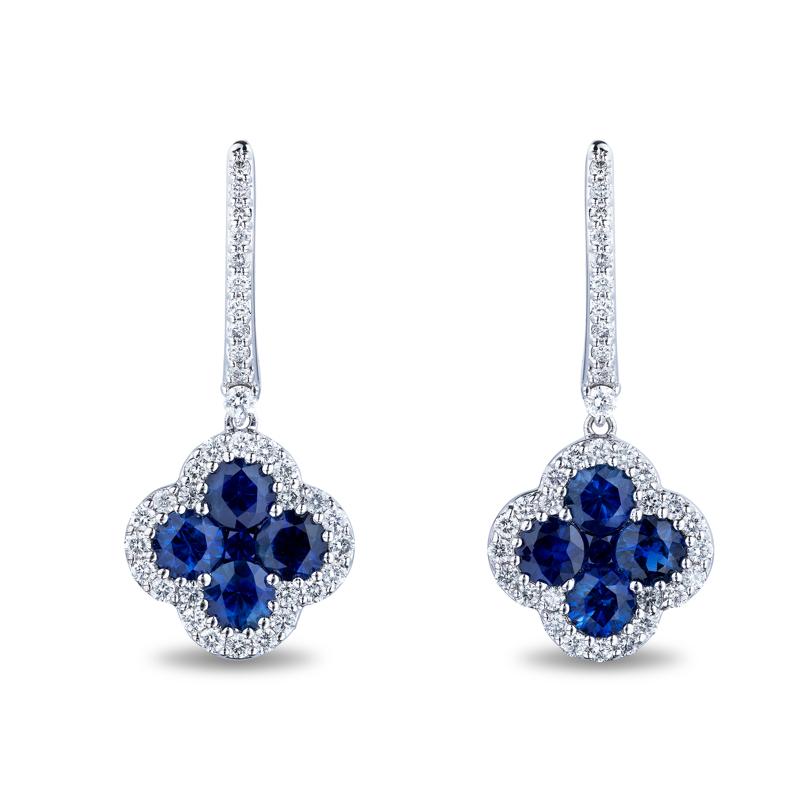 18K White Gold Diamond and Sapphire Cluster Huggie Earrings