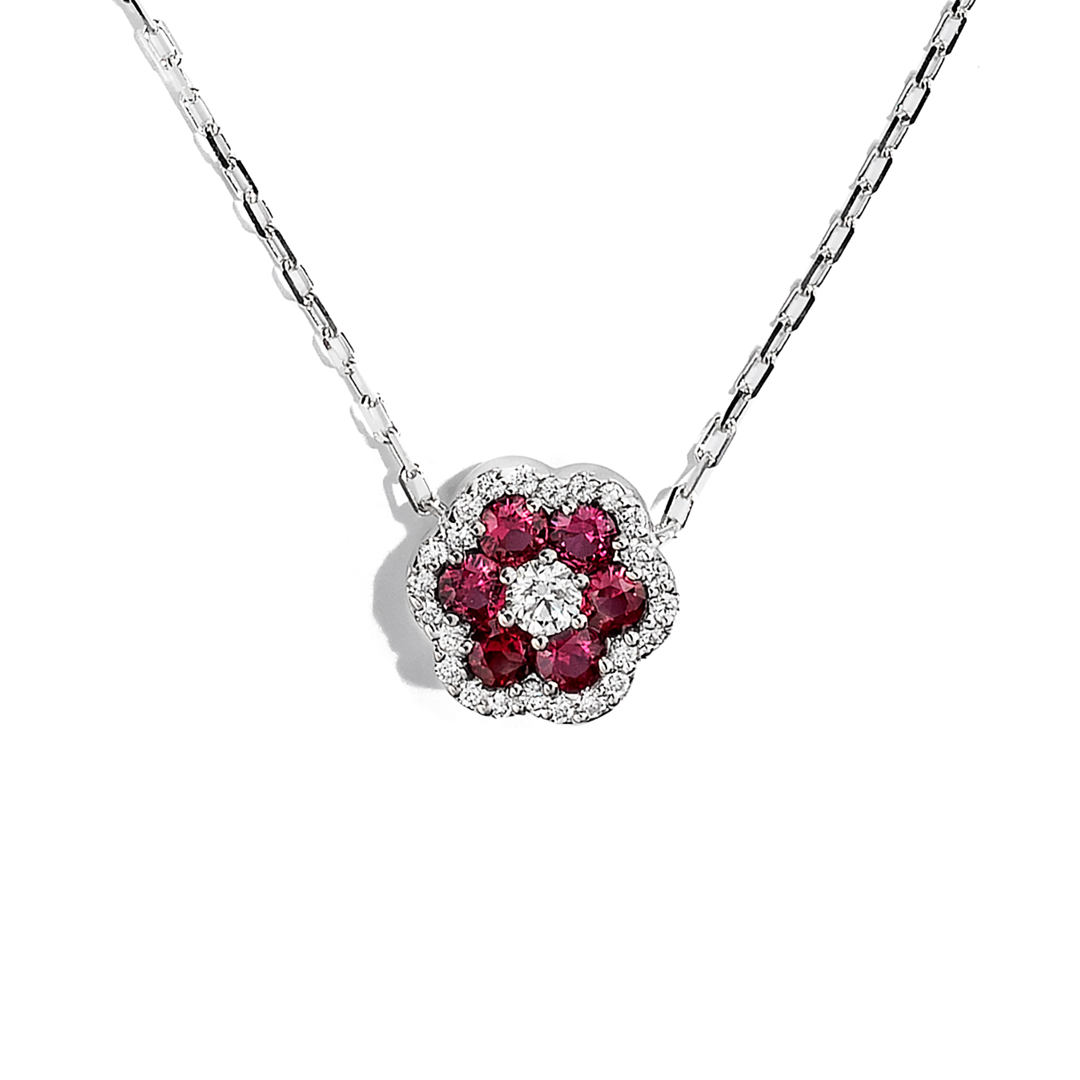 18K White Gold Diamond and Ruby Pendant Necklace