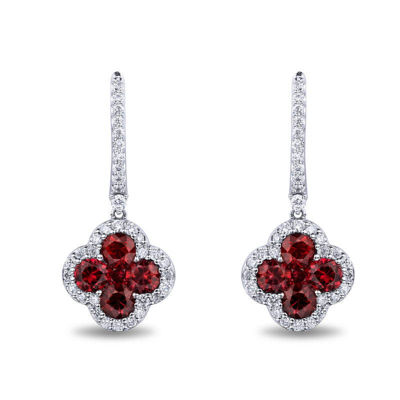18K White Gold Diamond and Ruby Cluster Huggie Earrings