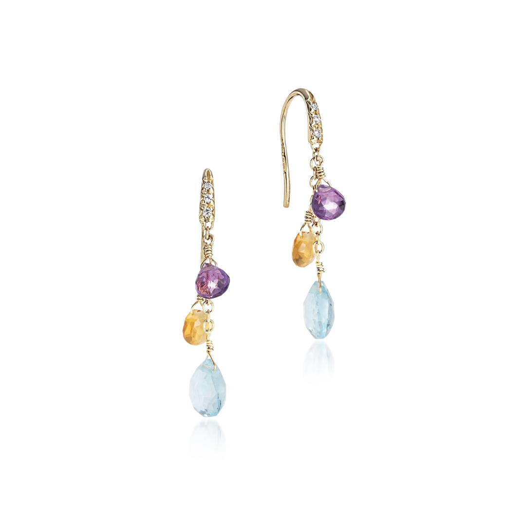 18K Yellow Gold Blue Topaz Gemstone and Diamond Drop Earrings