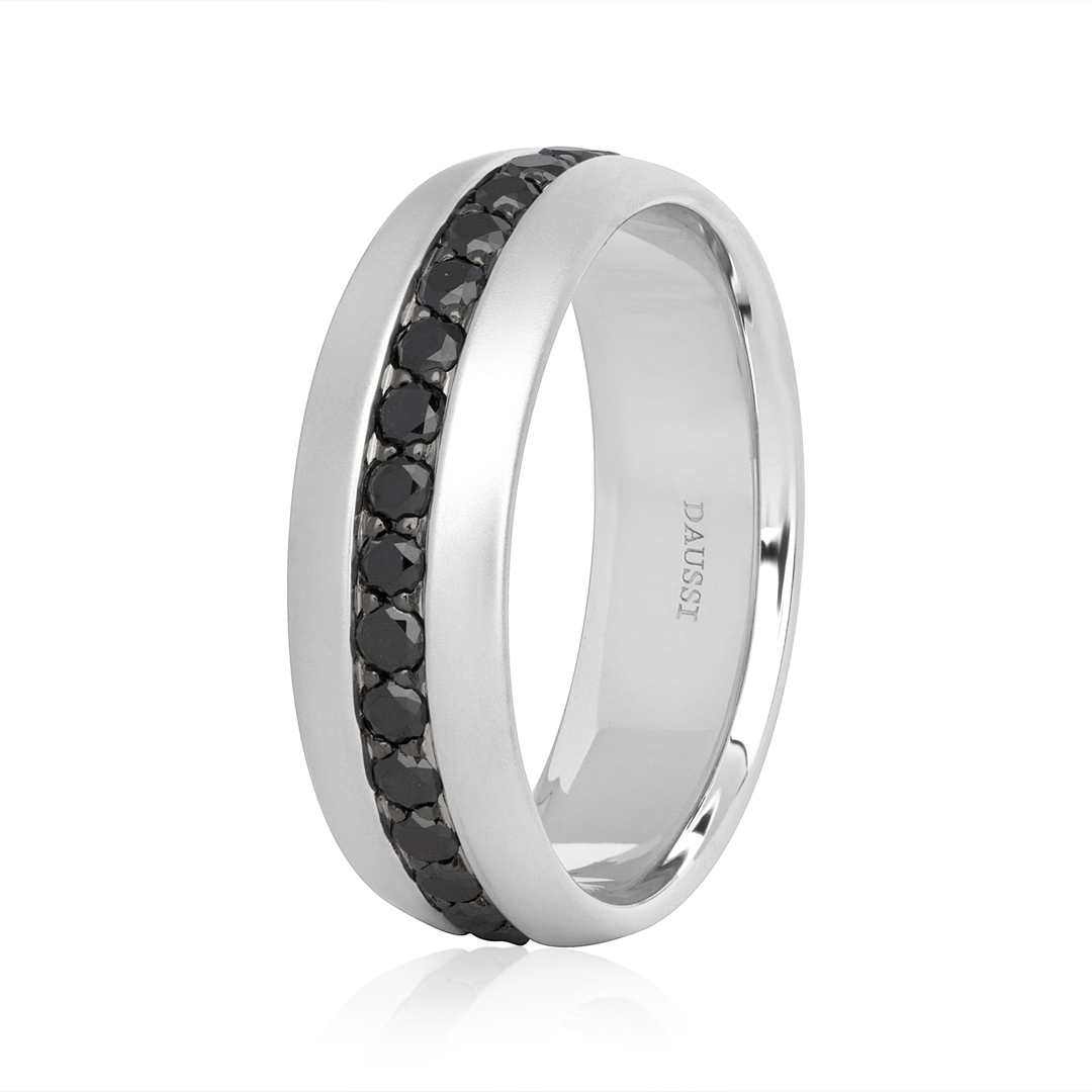 Henri Daussi 14K White Gold Matte Finish Black Diamond Men's Wedding Band itemprop=