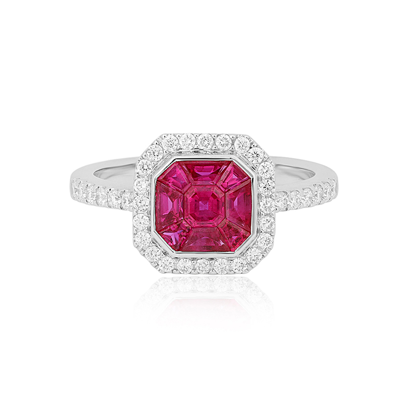 18K White Gold Ruby and Diamond Halo Ring - 921