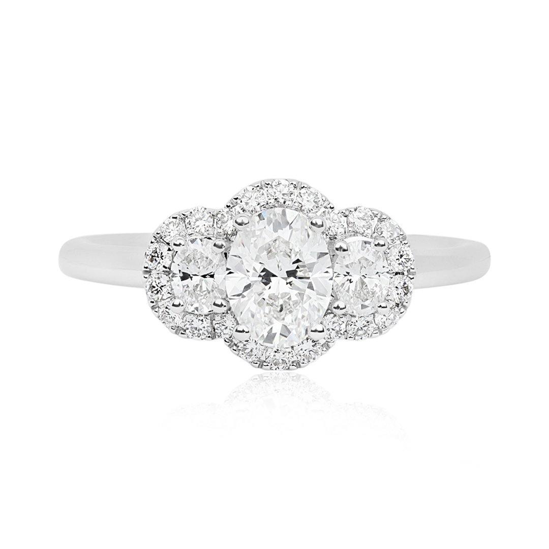 18K White Gold Three Stone Diamond Halo Engagement Ring - 927