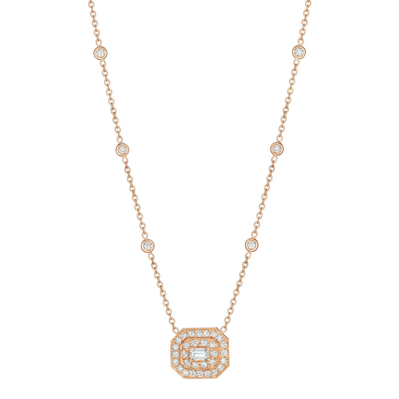 18K Rose Gold Emerald Cut Art Deco Diamond Necklace