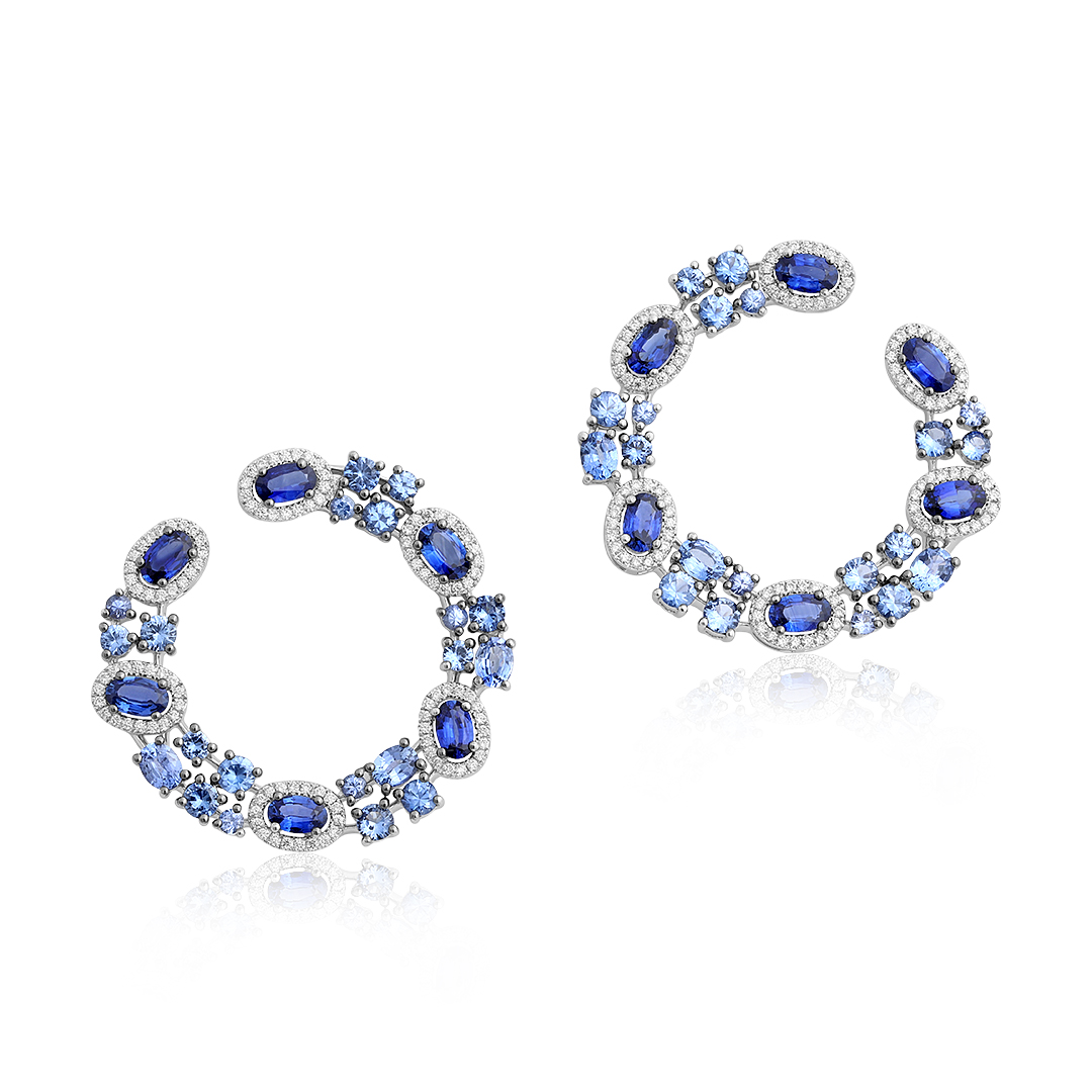 18K White Gold Diamond and Sapphire Hoops itemprop=