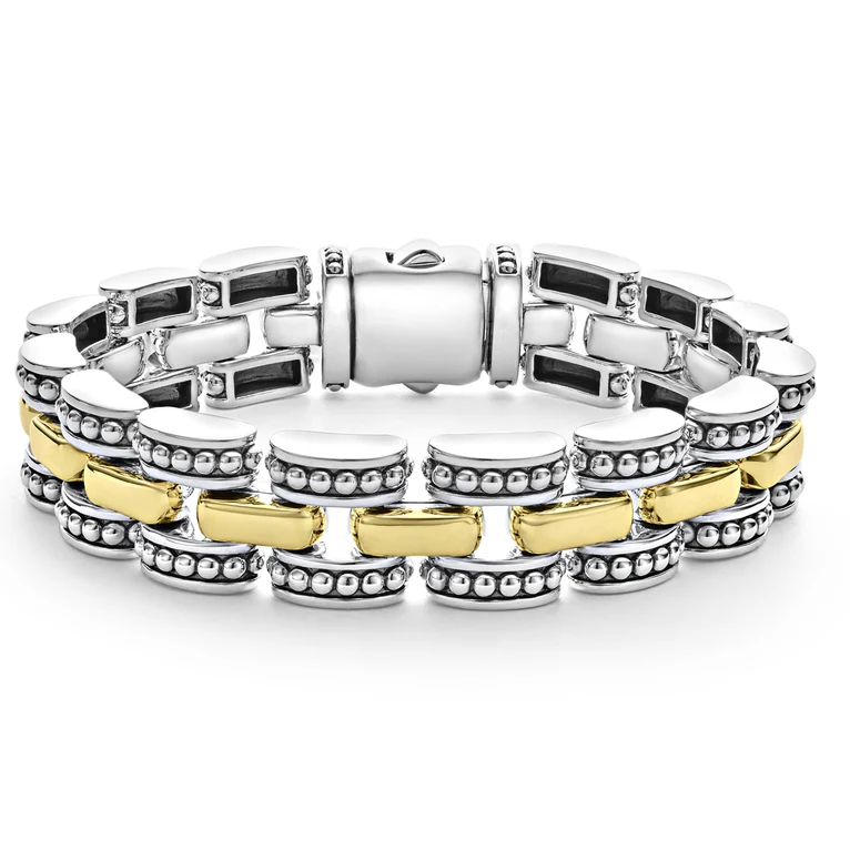 LAGOS Sterling Silver and 18K Yellow Gold Two Tone Caviar High Bar Link Bracelet - 05-81020-7