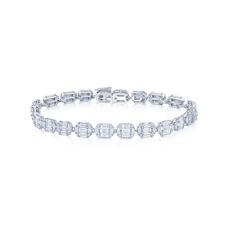 Kwiat 18K White Gold Sunburst Emerald Station Diamond Tennis Bracelet