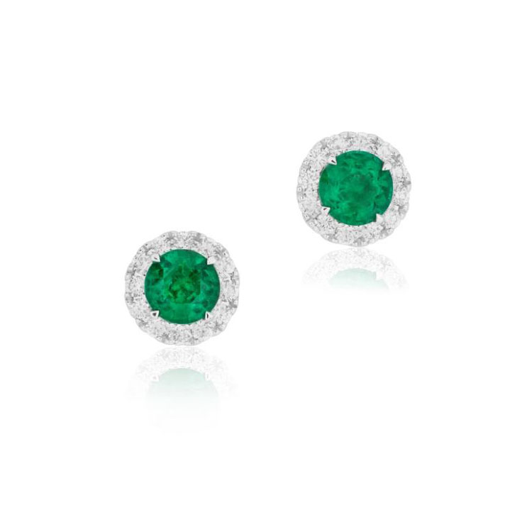 18K White Gold Emerald and Diamond Stud Earrings - 1103