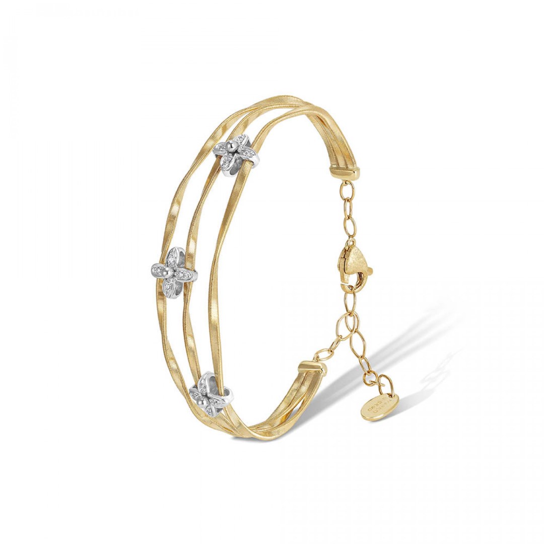 Marco Bicego 18K Yellow and White Gold Flower Three Strand Diamond Bangle