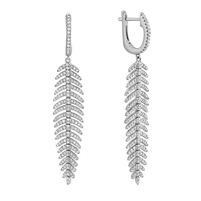 18K White Gold Diamond Leaf Drop Earrings - 96