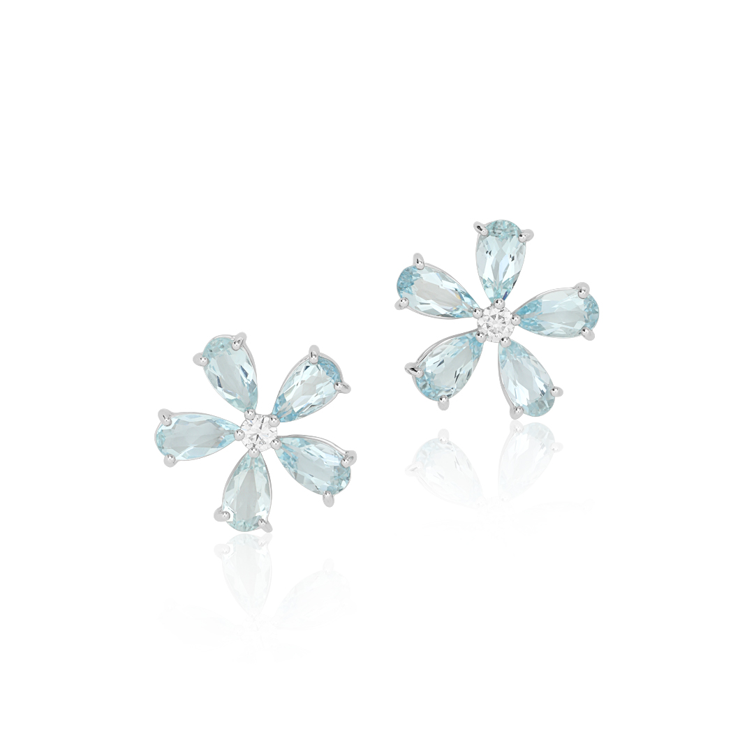 18K White Gold Aquamarine and Diamond Flower Earrings itemprop=