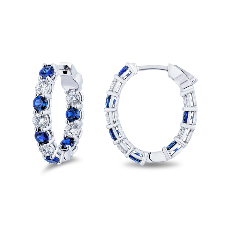 18K White Gold Diamond and Ruby Inside/Out Oval Hoop Earrings