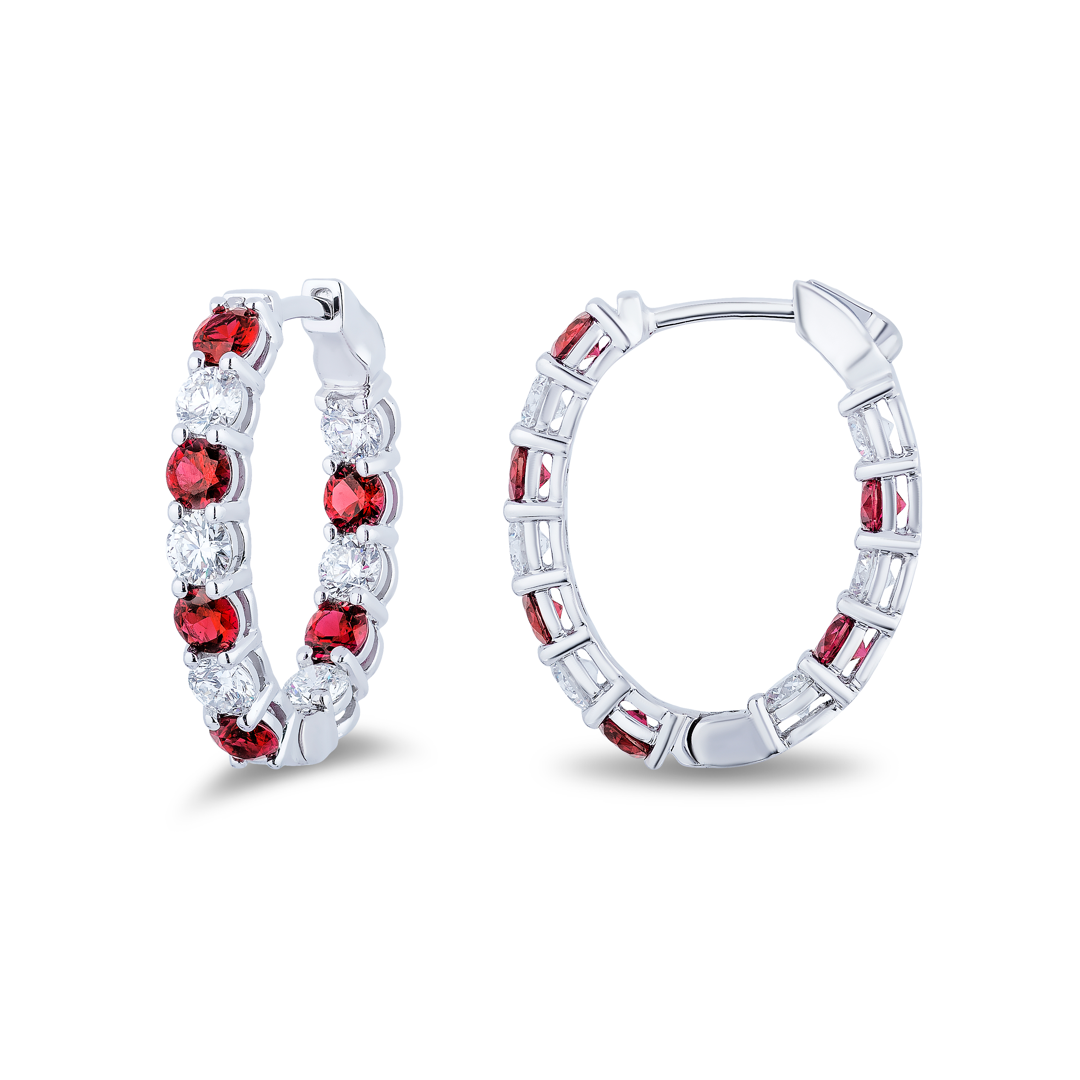 18K White Gold Ruby and Diamond Hoop Earrings