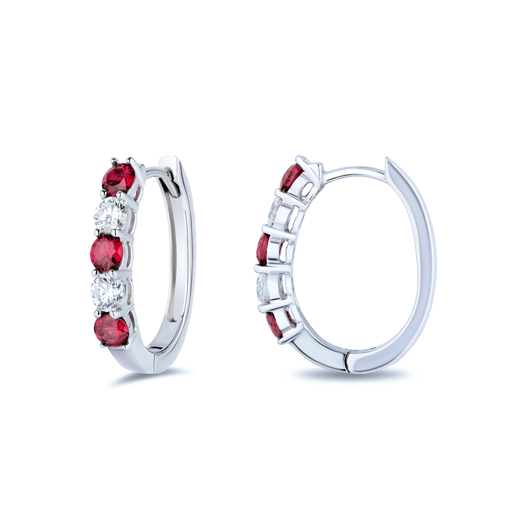 18K White Gold Diamond and Ruby Hoop Earrings