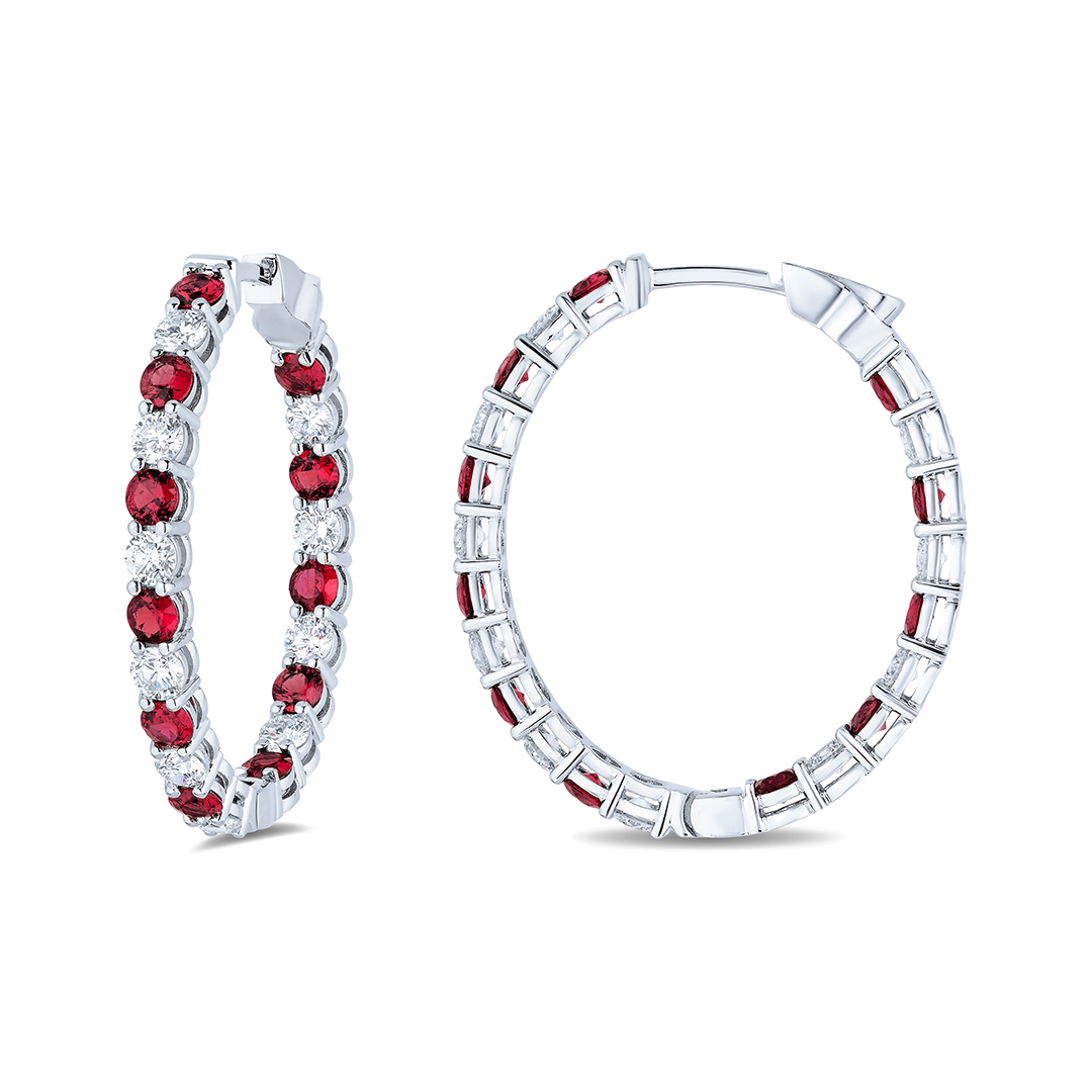 18K White Gold Diamond and Ruby Inside Out Hoop Earrings