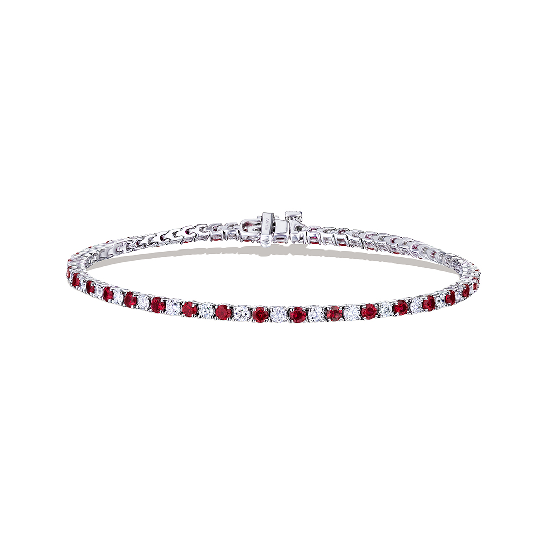 18K White Gold Diamond and Ruby Tennis Bracelet