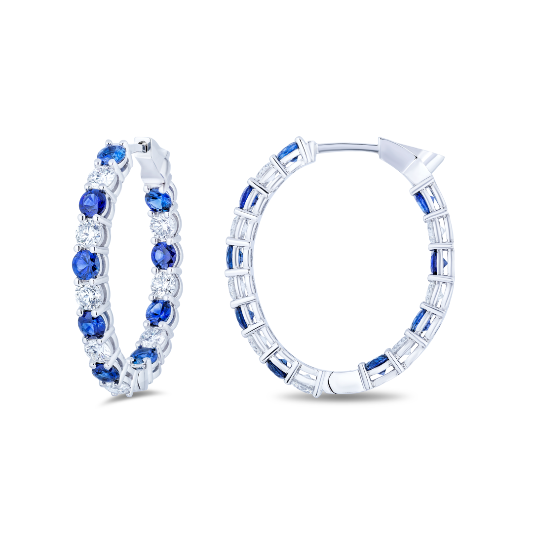 18K White Gold Diamond and Blue Sapphire Inside/Out Oval Hoop Earrings