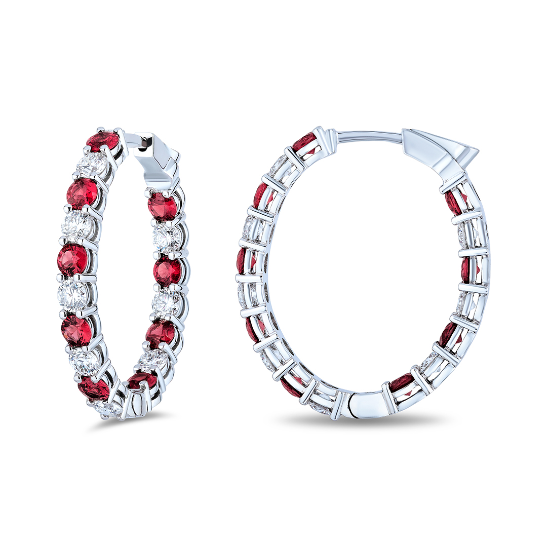 18K White Gold Diamond and Ruby Inside/Out Oval Hoop Earrings