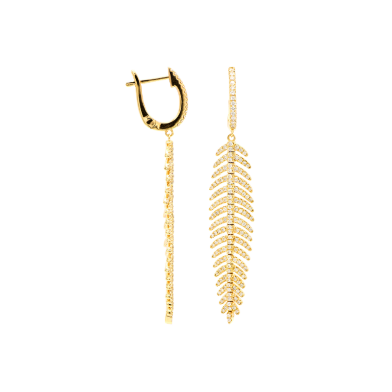 18K Yellow Gold Diamond Leaf Drop Earrings - 103