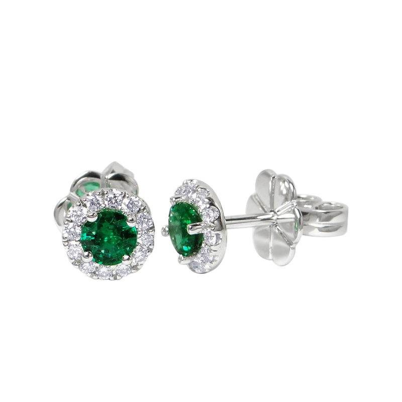 18K White Gold Emerald and Diamond Stud Earrings